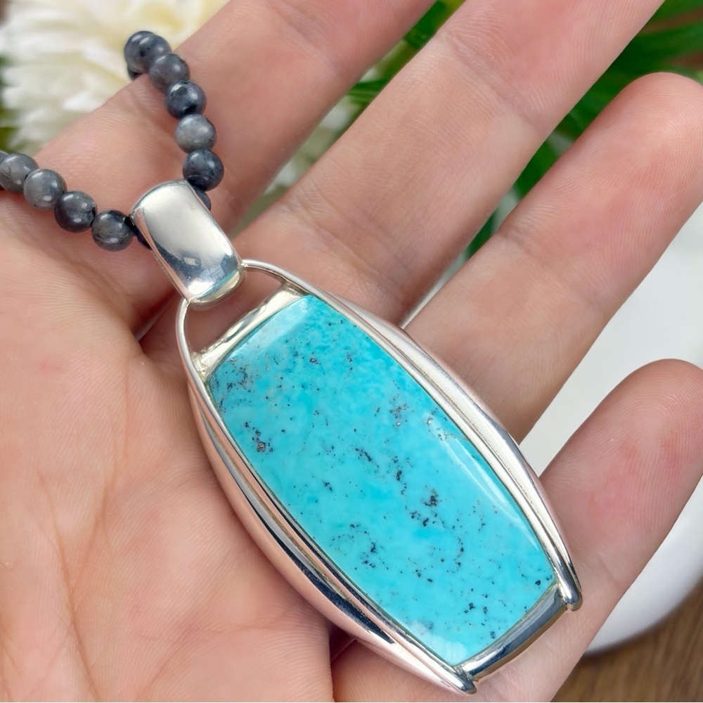 Chunky Large Vintage Southwest Boho Sterling Silver 925 Turquoise Pendant - Picture 3 of 11